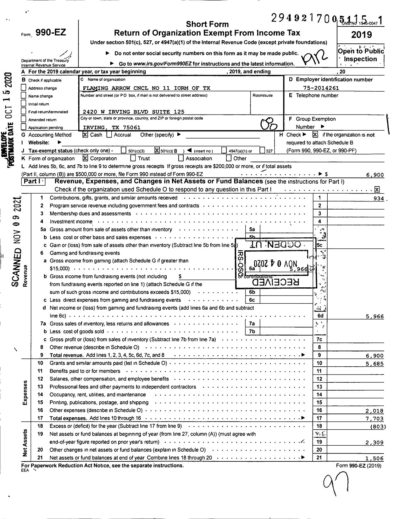 Image of first page of 2019 Form 990EO for Improved Order Of Red Men Of Texas - 11 Flaming Arrow Council