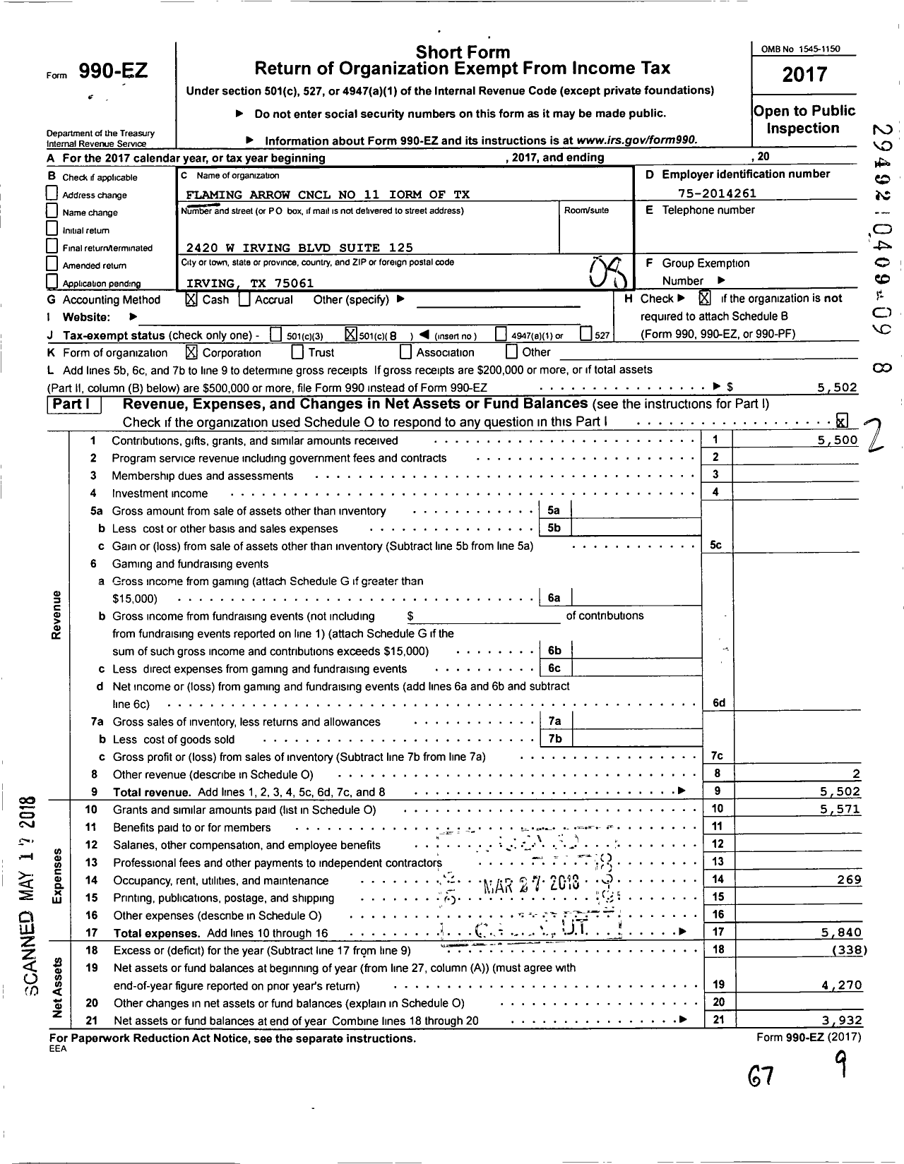 Image of first page of 2017 Form 990EO for Improved Order Of Red Men Of Texas - 11 Flaming Arrow Council