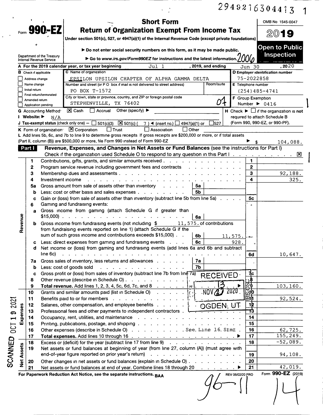 Image of first page of 2019 Form 990EO for Alpha Gamma Delta Fraternity - Epsilon Upsilon Chapter