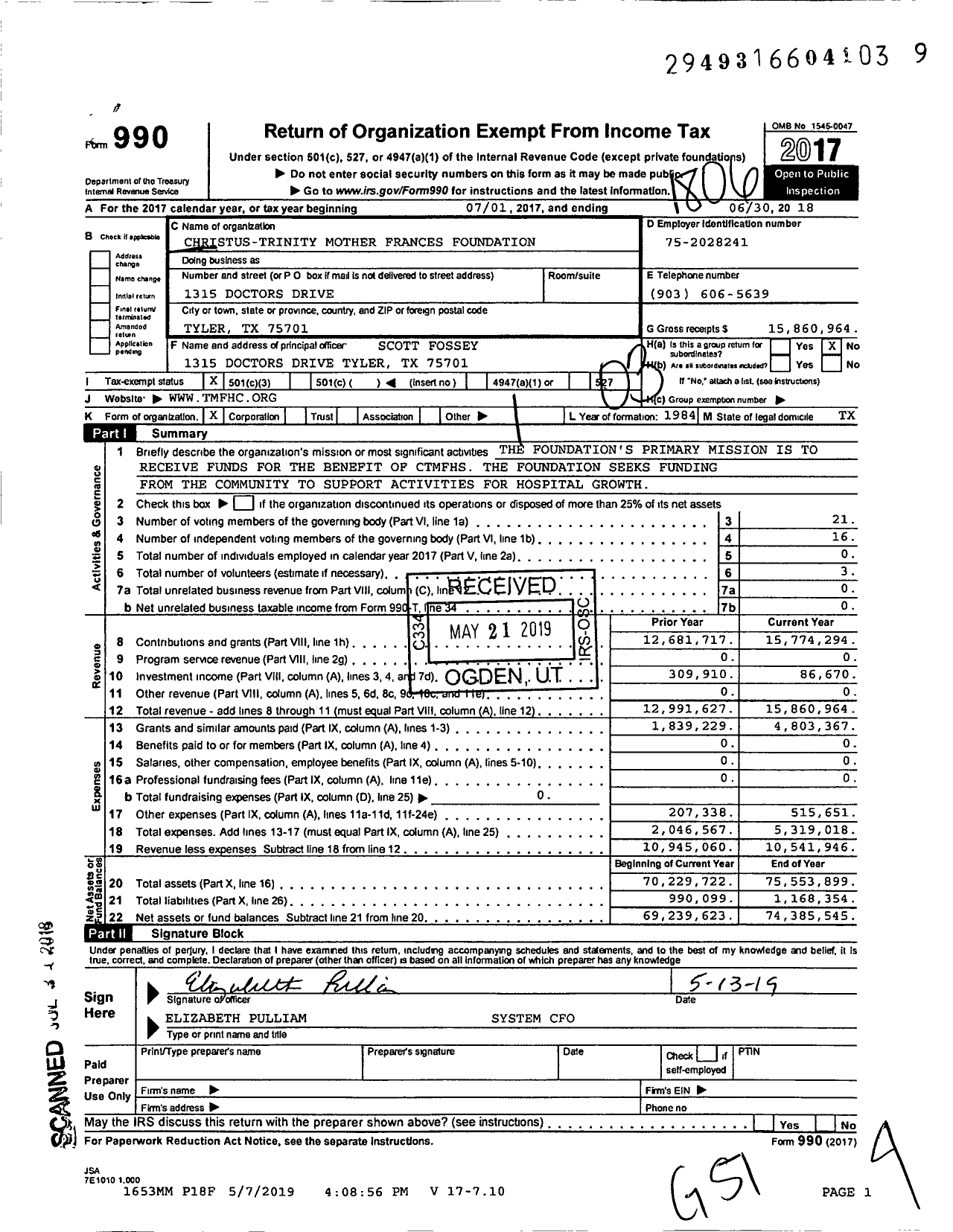 Image of first page of 2017 Form 990 for CHRISTUS-Trinity Mother Frances Foundation