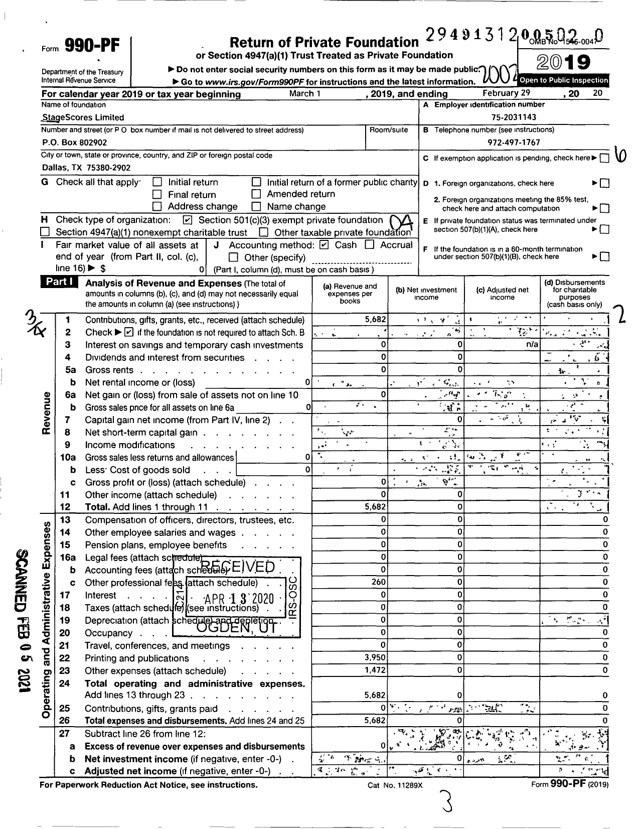 Image of first page of 2019 Form 990PF for Stagescores Scores Limited