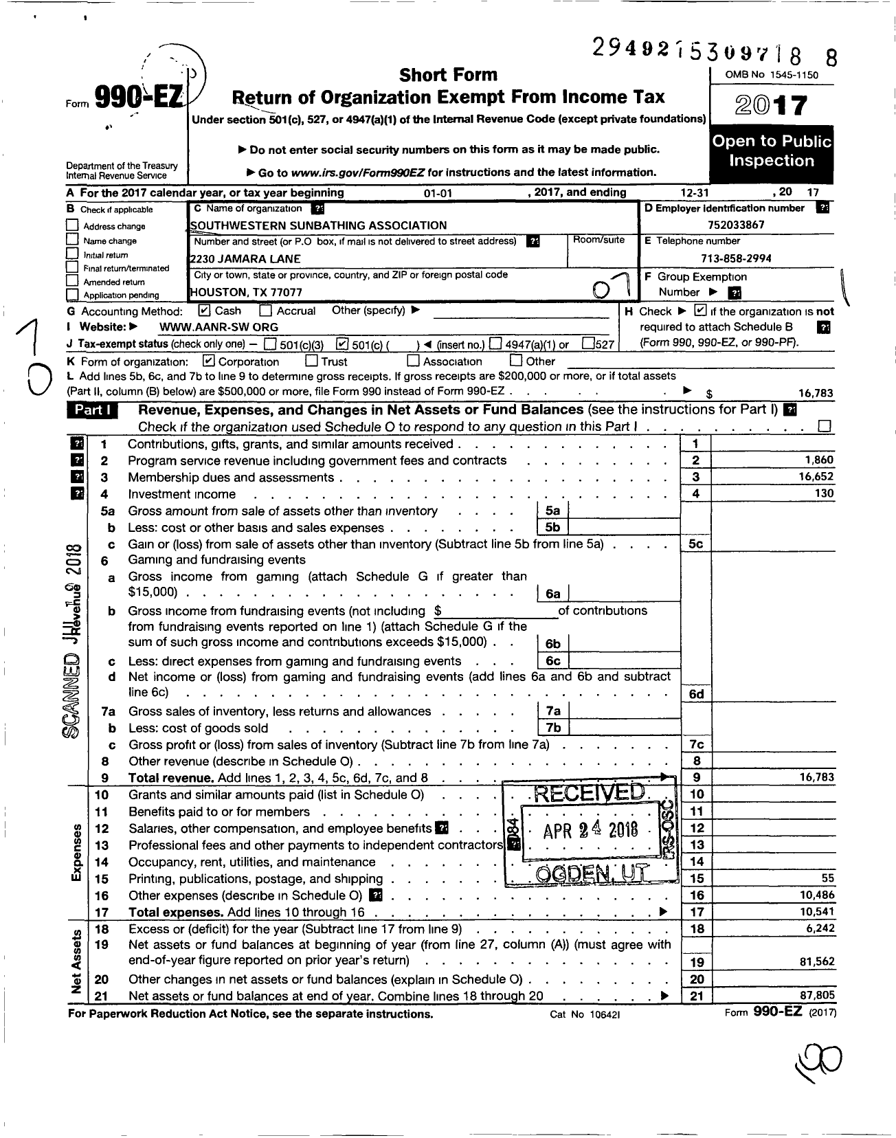 Image of first page of 2017 Form 990EO for Southwestern Sunbathing Association