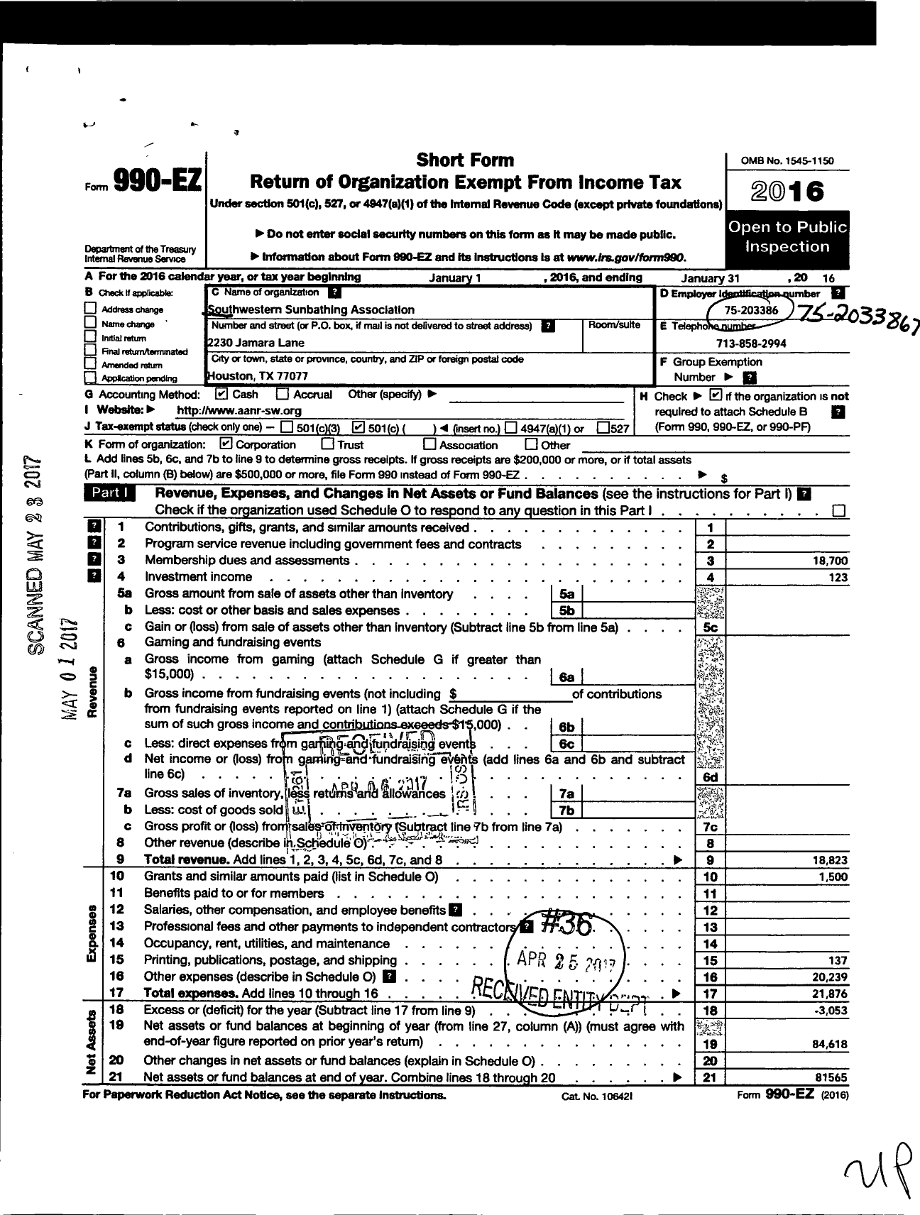 Image of first page of 2015 Form 990EO for Southwestern Sunbathing Association