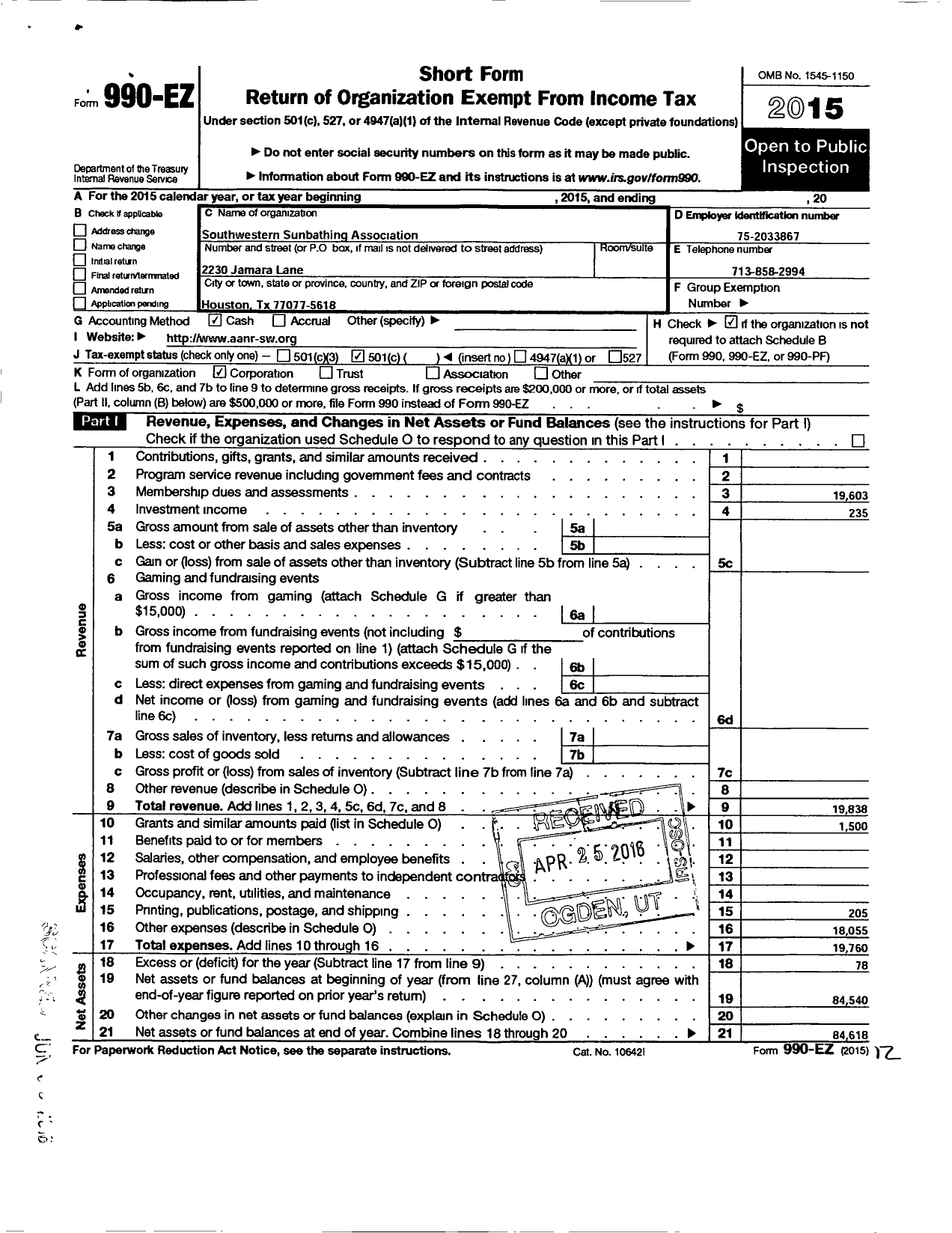 Image of first page of 2015 Form 990EO for Southwestern Sunbathing Association