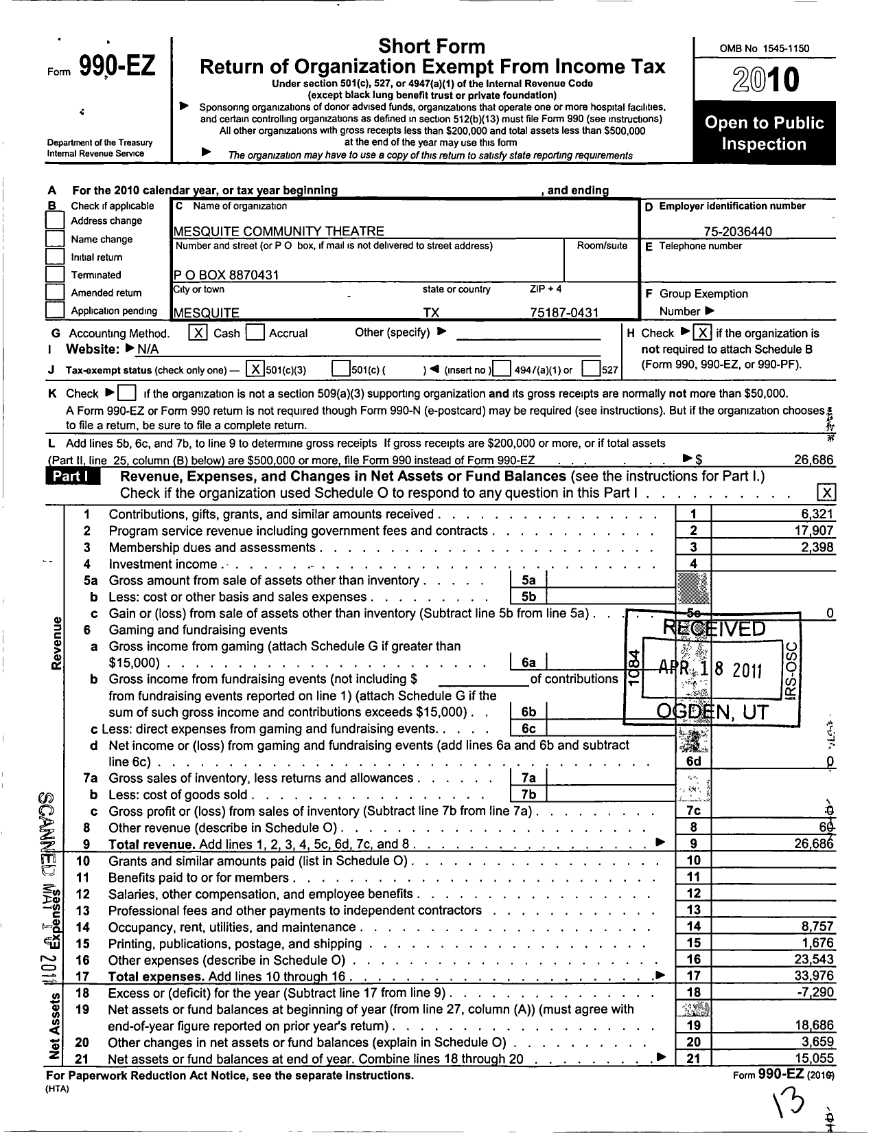 Image of first page of 2010 Form 990EZ for Mesquite Community Theatre