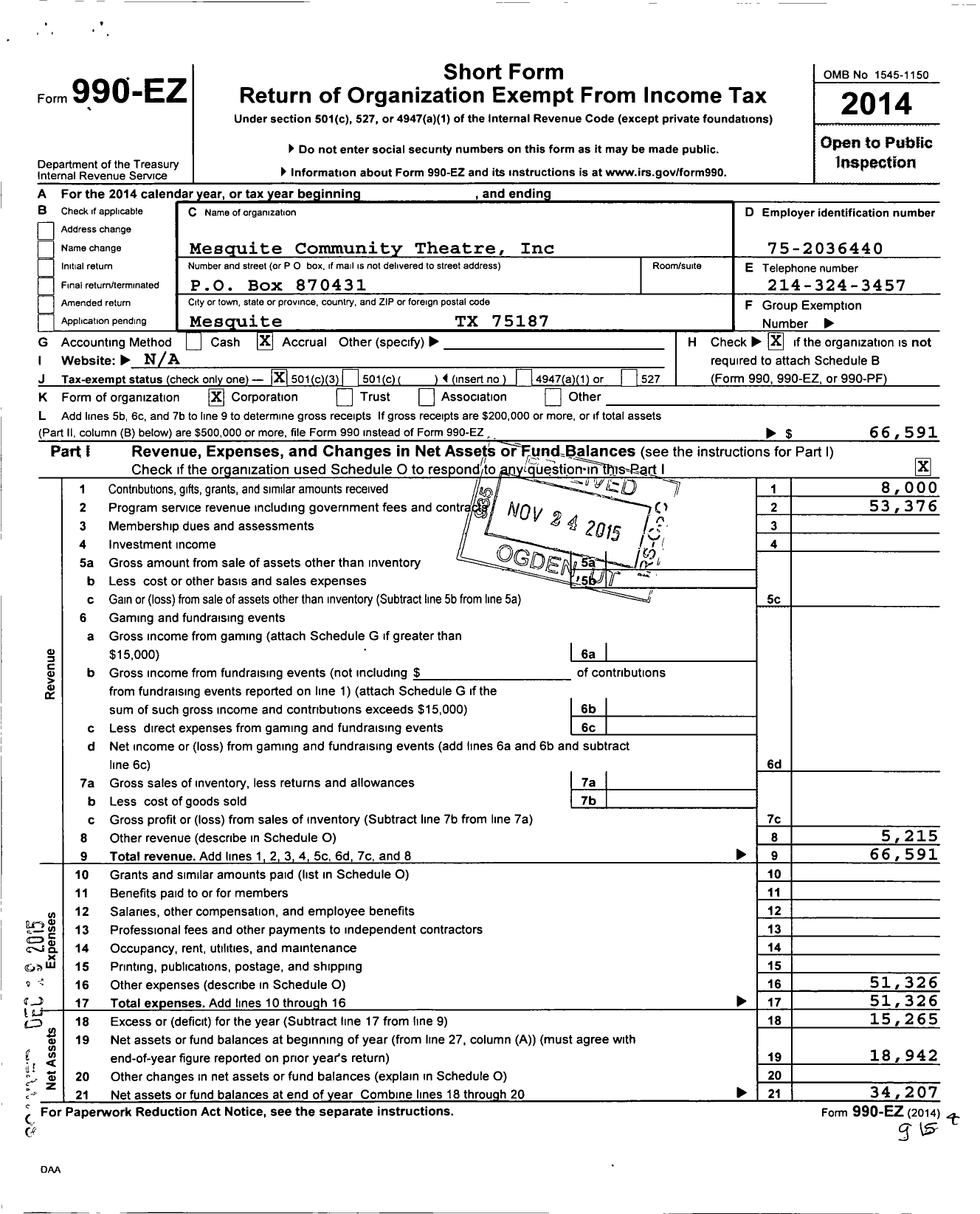 Image of first page of 2014 Form 990EZ for Mesquite Community Theatre