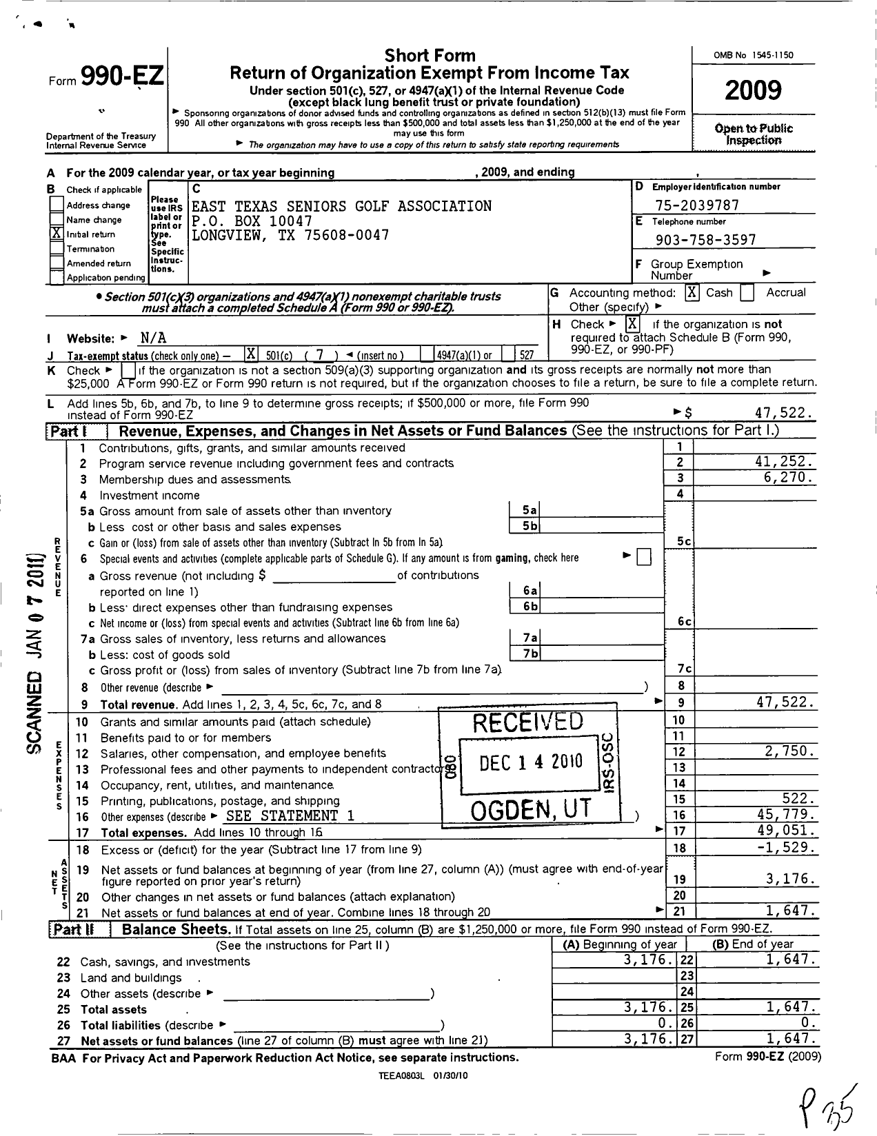 Image of first page of 2009 Form 990EO for East Texas Seniors Golf Association