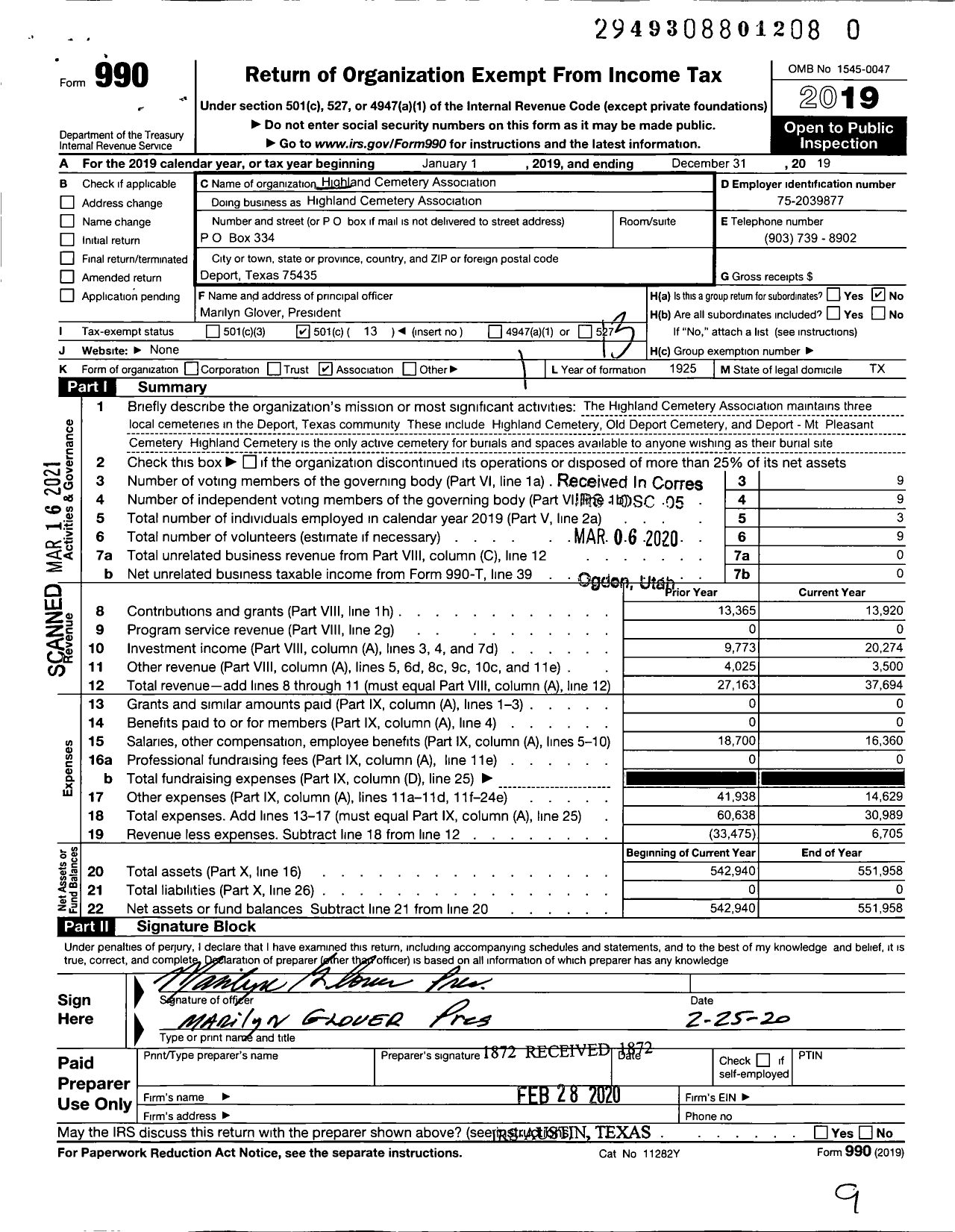 Image of first page of 2019 Form 990O for Highland Cemetery Association