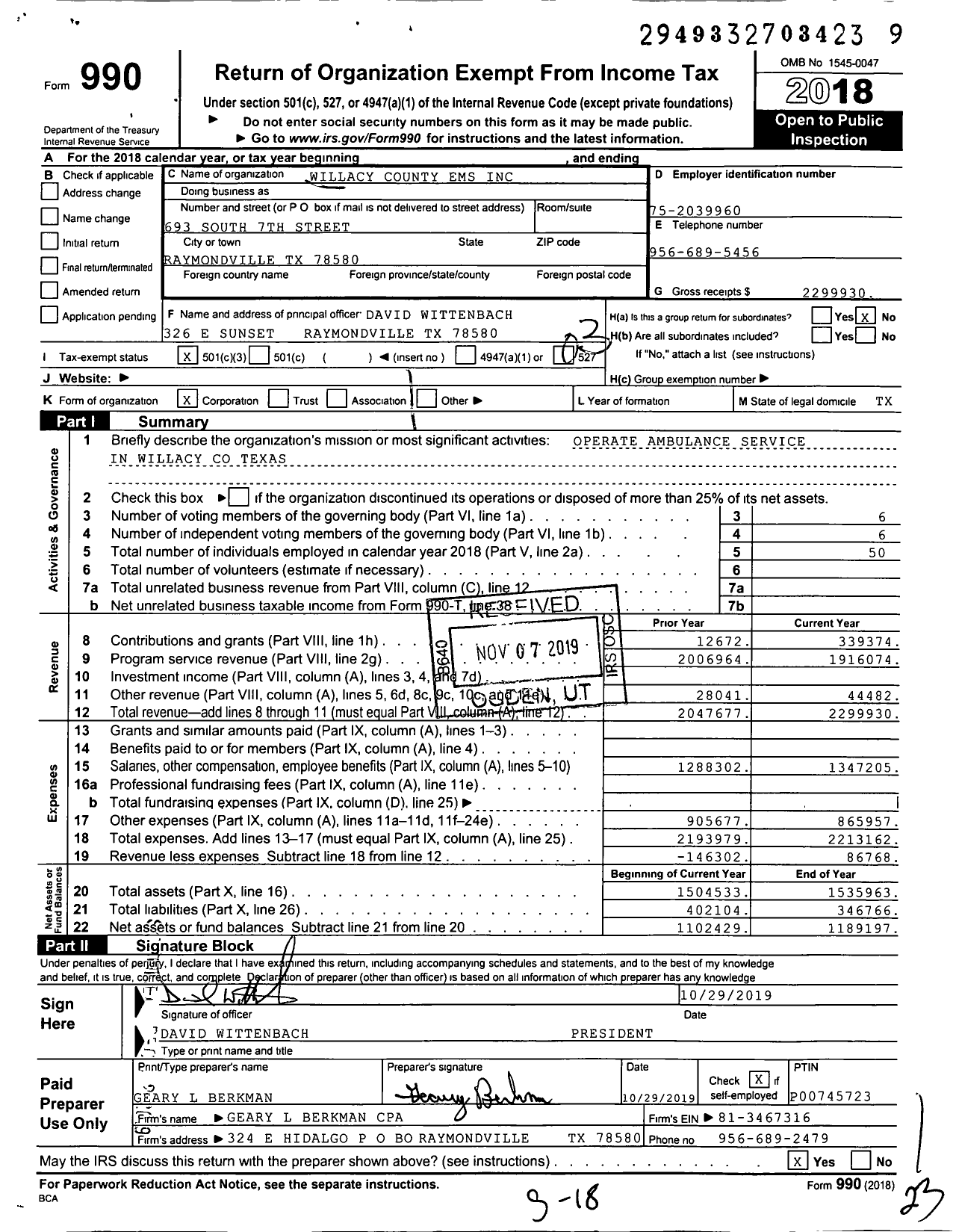 Image of first page of 2018 Form 990 for Willacy County Ems