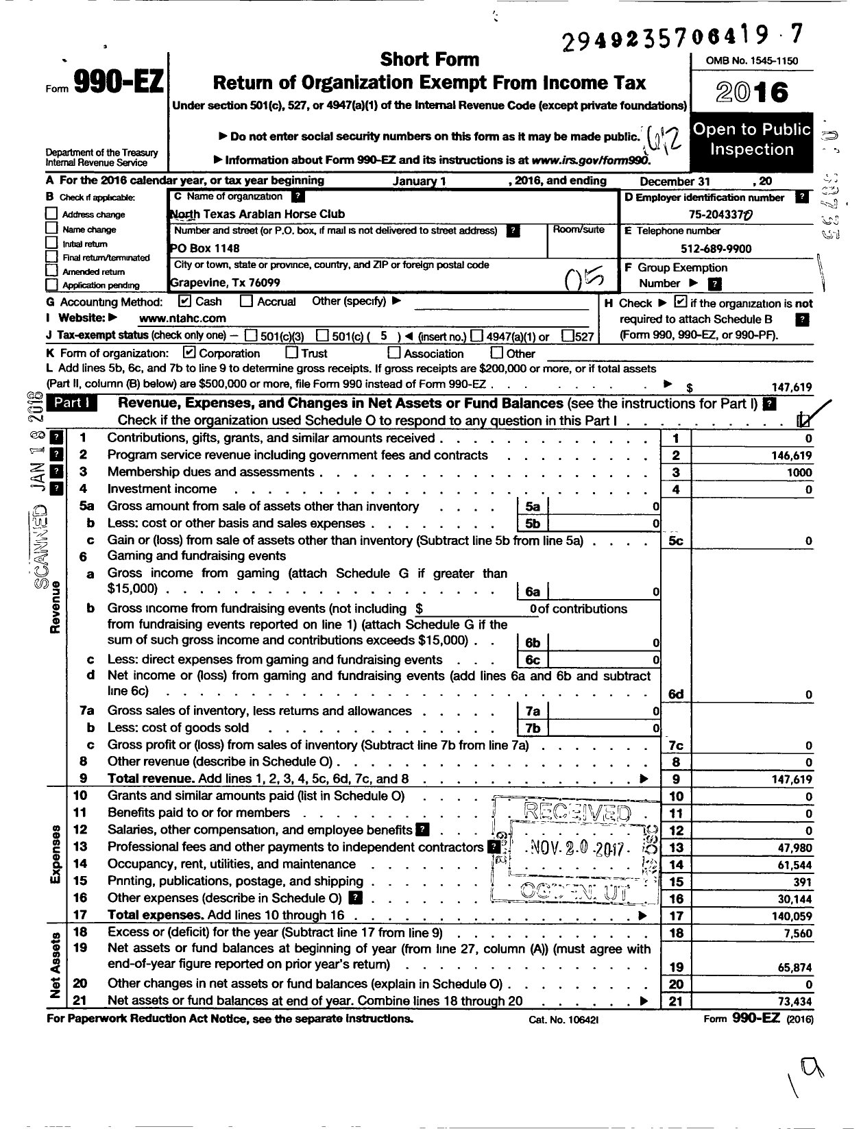 Image of first page of 2016 Form 990EO for North Texas Arabian Horse Club