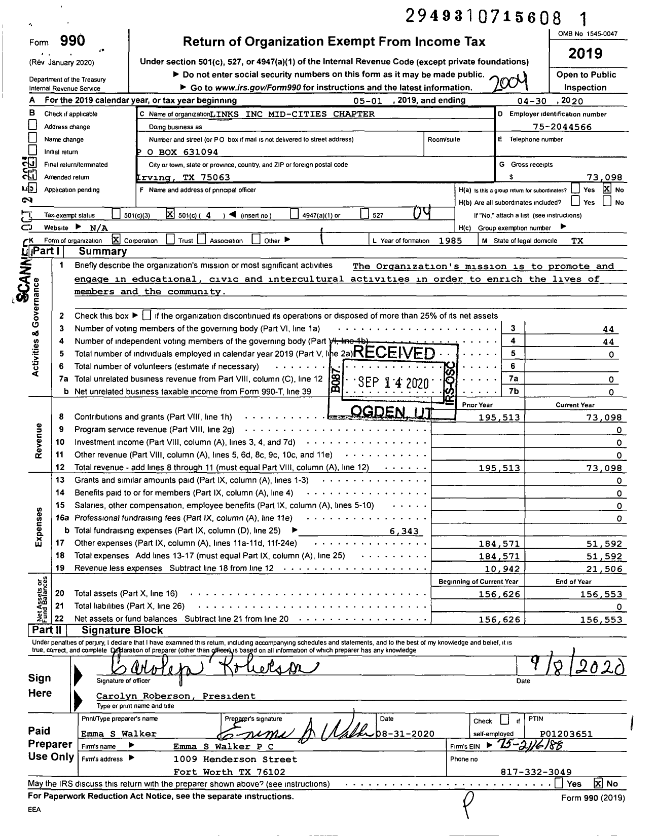 Image of first page of 2019 Form 990O for Links Mid-Cities Chapter