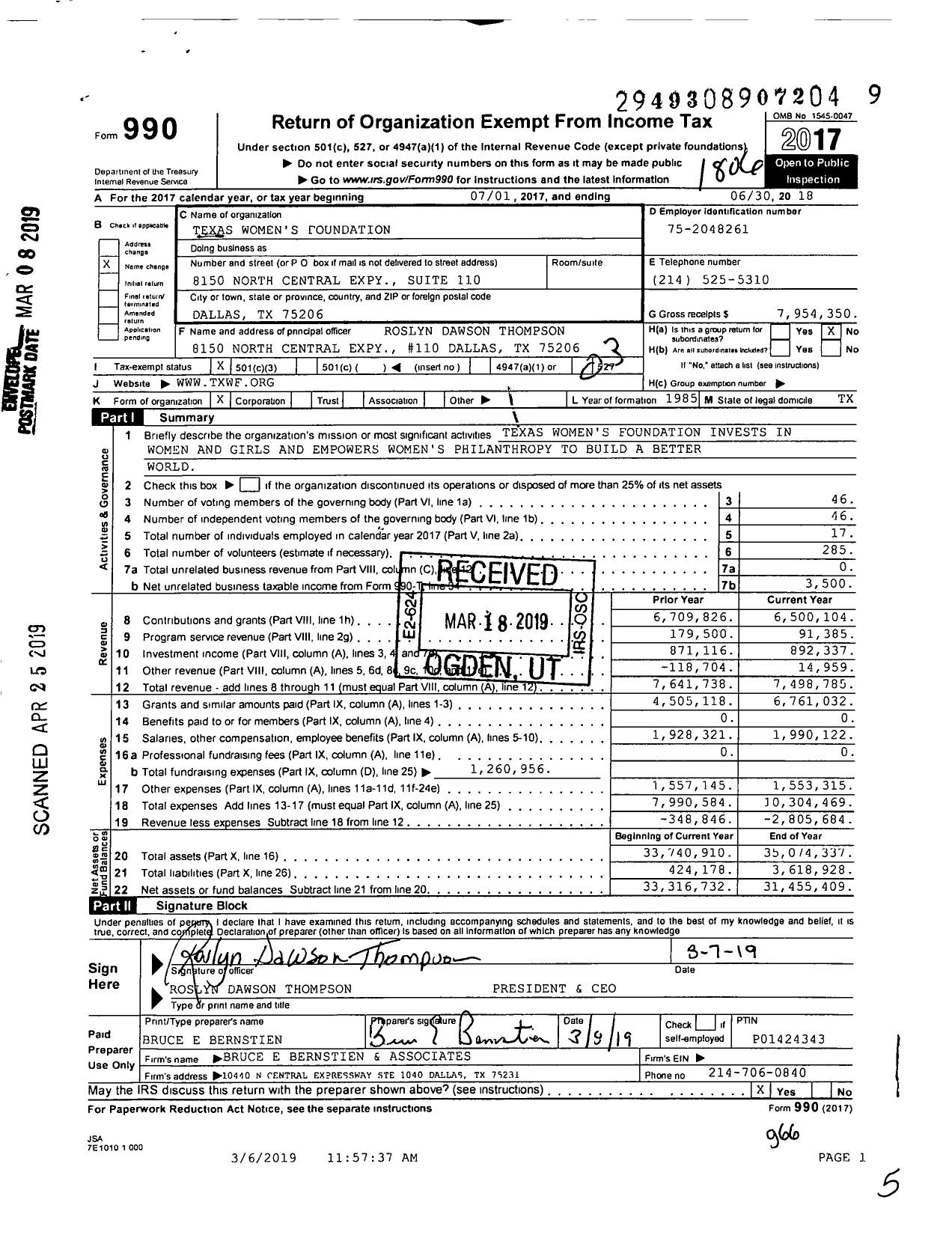 Image of first page of 2017 Form 990 for Texas Women's Foundation