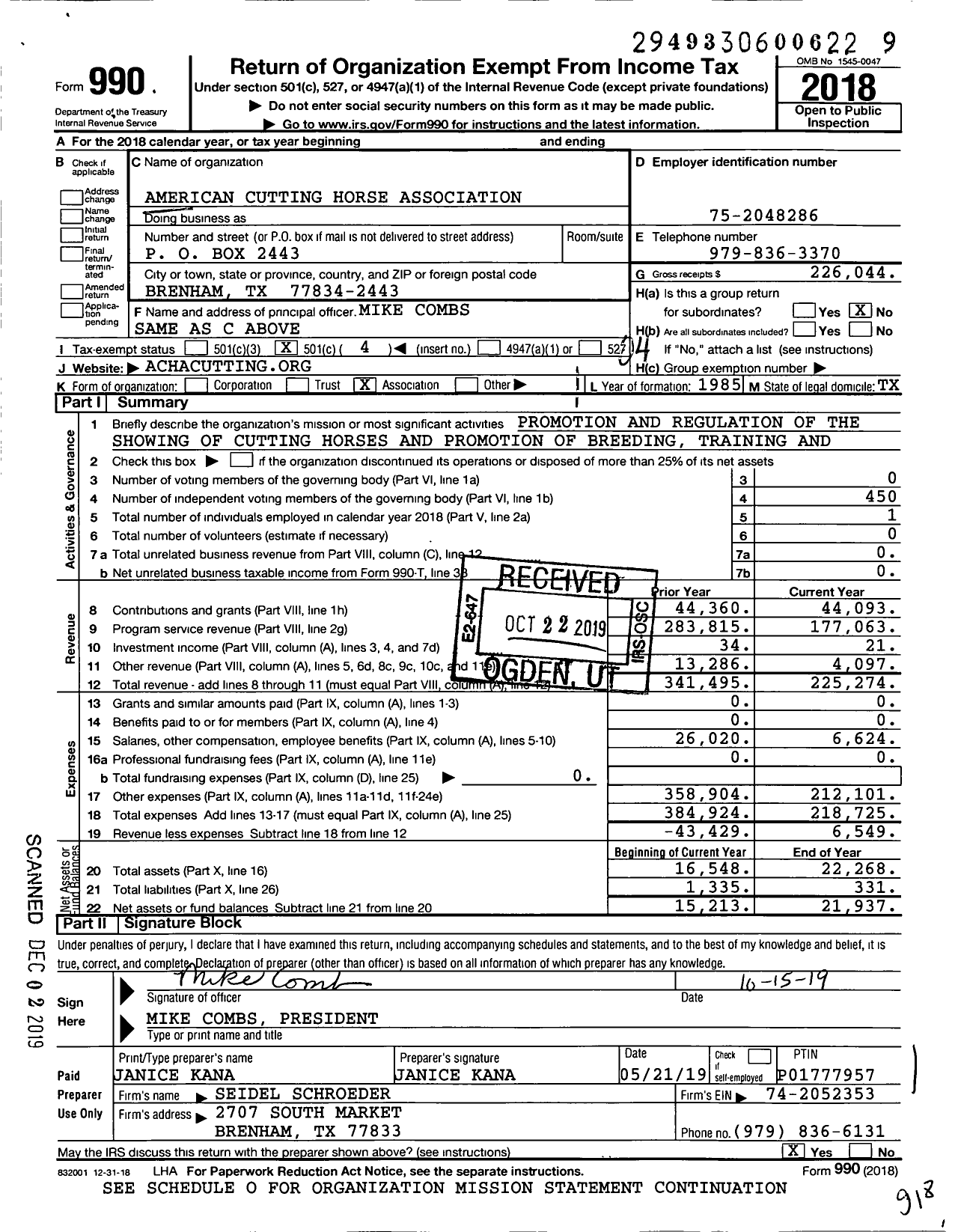 Image of first page of 2018 Form 990O for American Cutting Horse Association