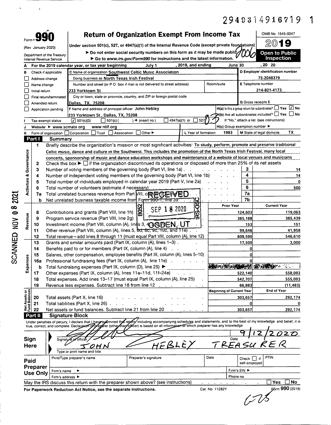 Image of first page of 2019 Form 990 for North Texas Irish Festival