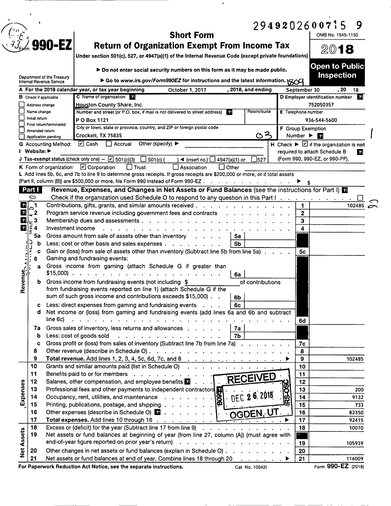 Image of first page of 2017 Form 990EZ for Houston County Share