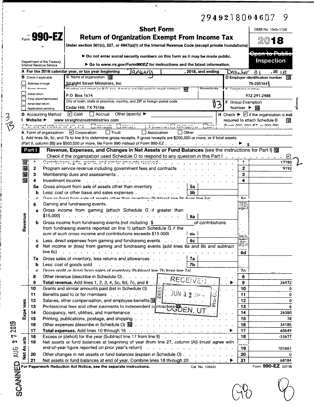 Image of first page of 2018 Form 990EZ for Straight Street Ministries