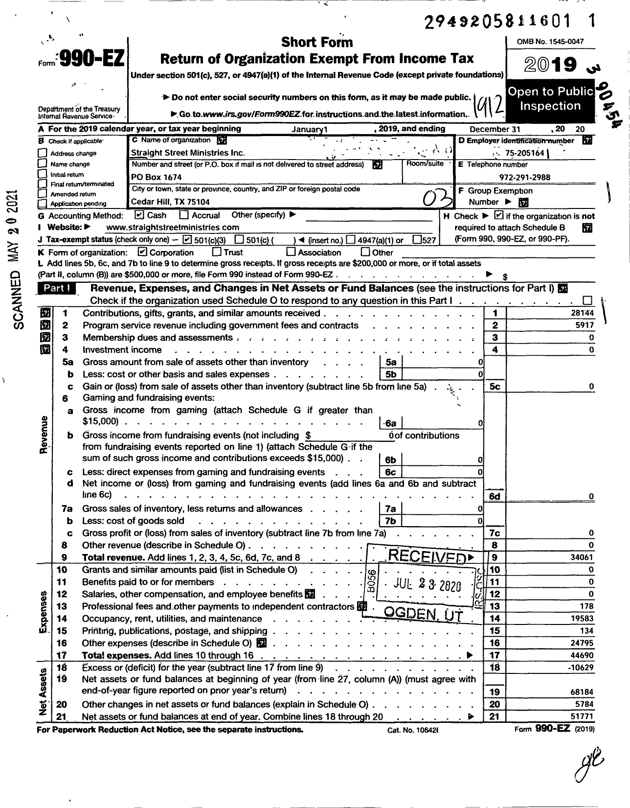 Image of first page of 2019 Form 990EZ for Straight Street Ministries