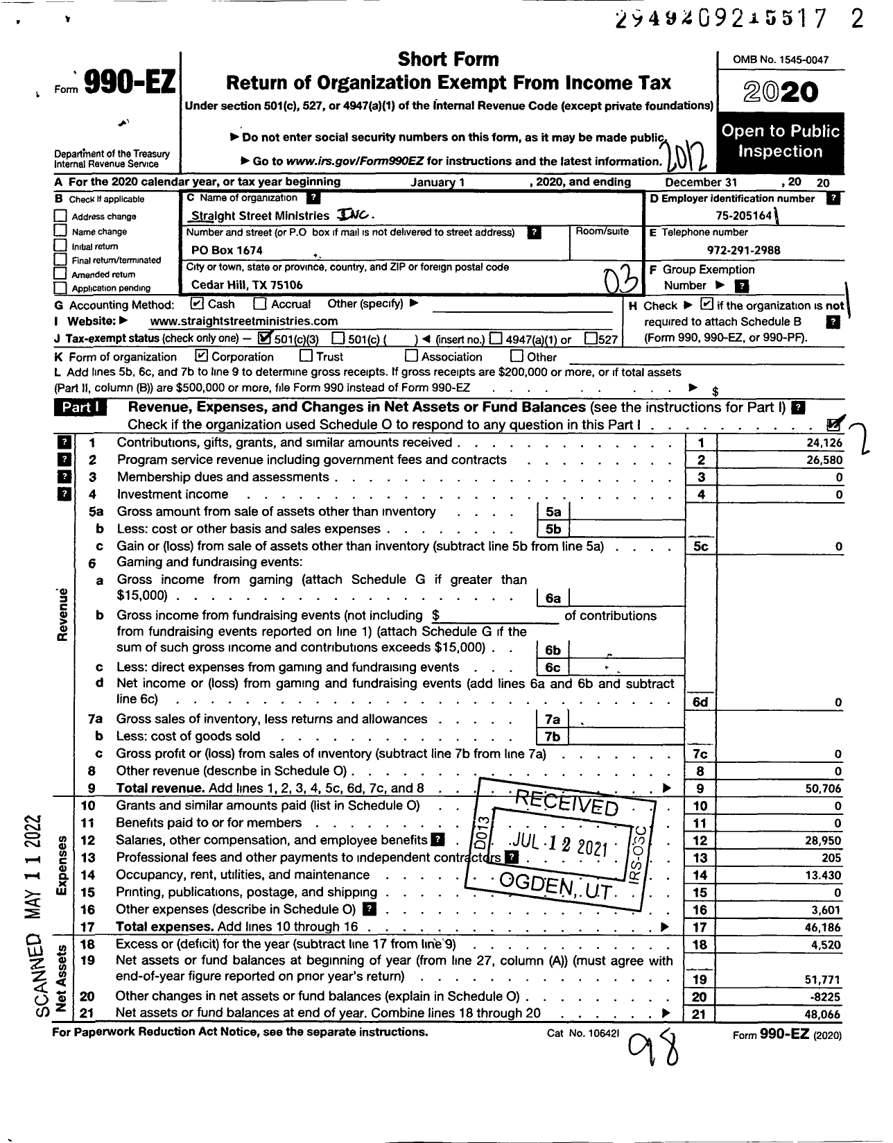 Image of first page of 2020 Form 990EZ for Straight Street Ministries