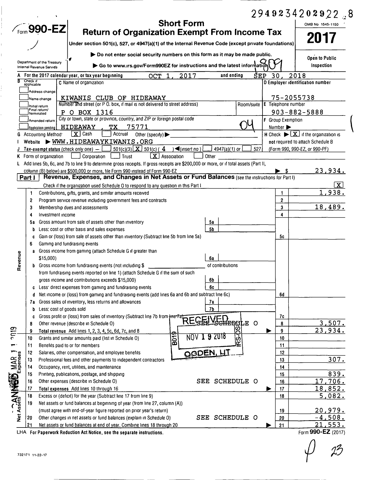 Image of first page of 2017 Form 990EO for Kiwanis International - K11529 Hide-A-Way Lake