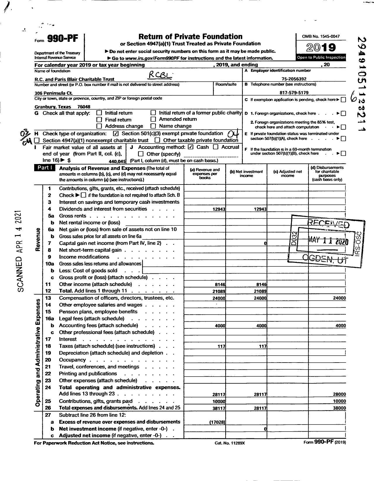 Image of first page of 2019 Form 990PF for R C Blair and Paris Blair Charitable Trust