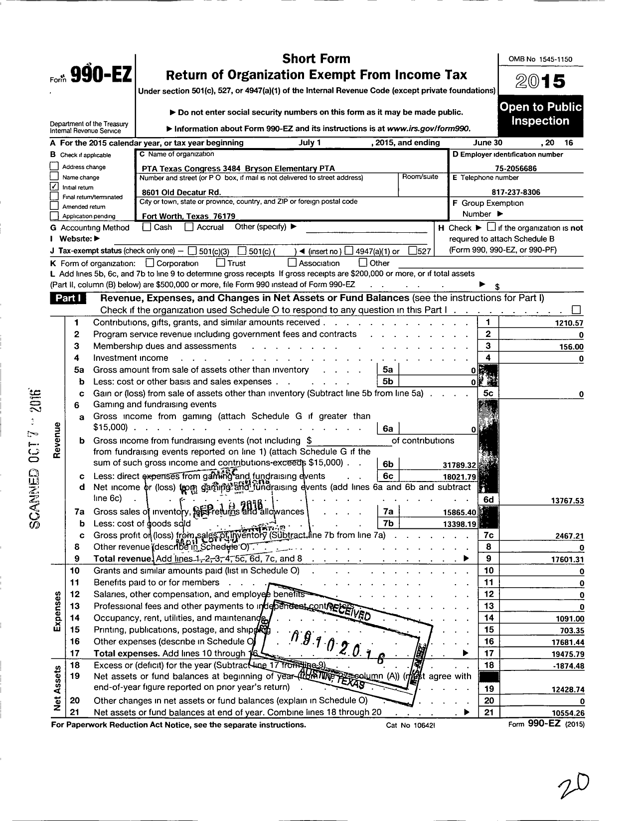 Image of first page of 2015 Form 990EO for Texas PTA - 3484 Bryson Elementary