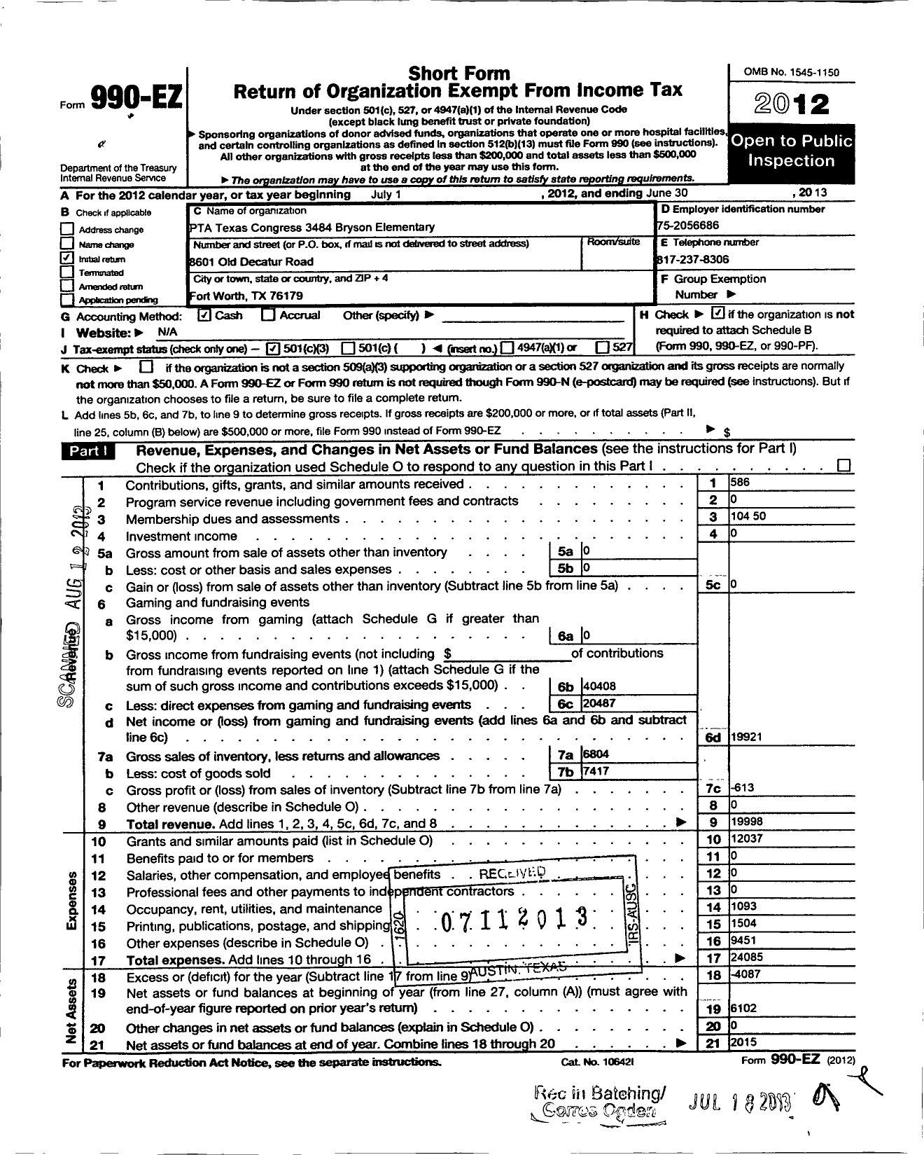 Image of first page of 2012 Form 990EZ for Texas PTA - 3484 Bryson Elementary