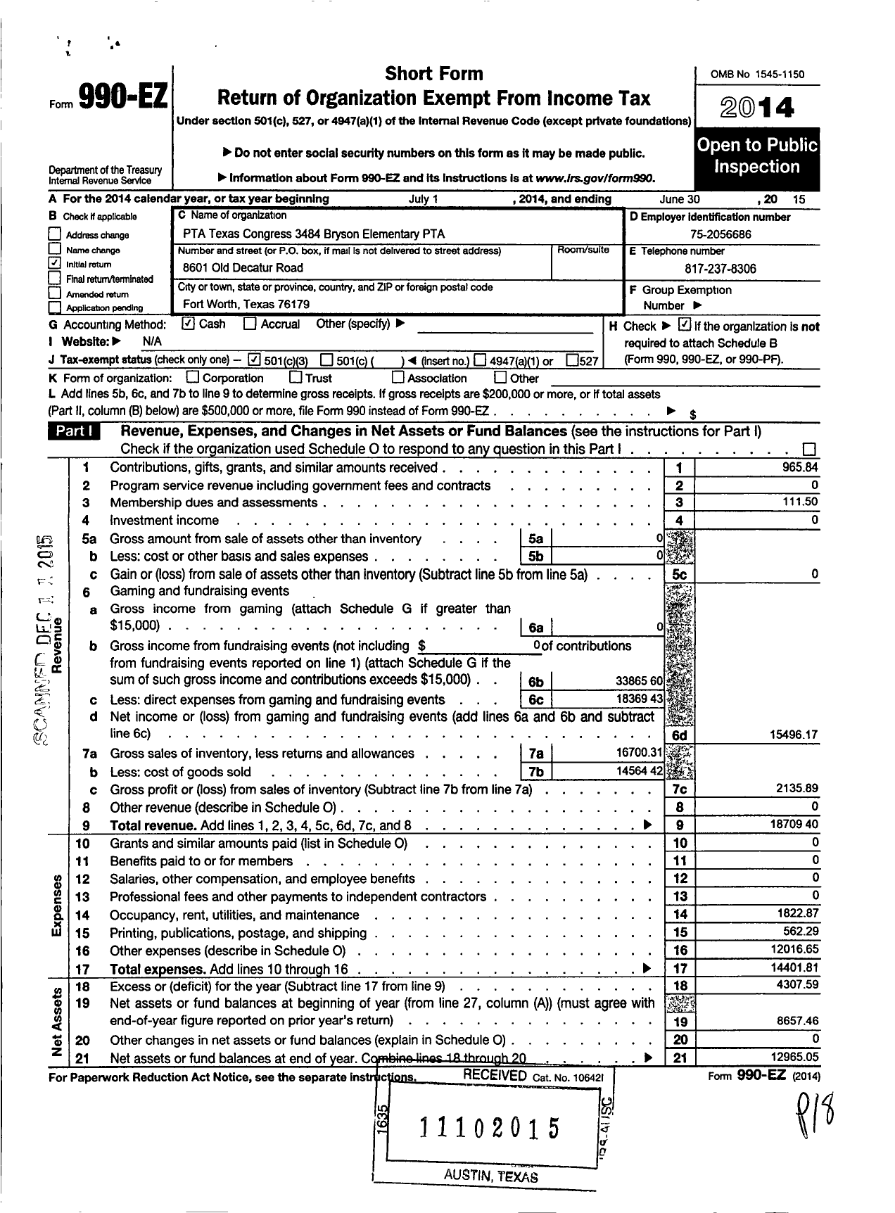 Image of first page of 2014 Form 990EZ for Texas PTA - 3484 Bryson Elementary