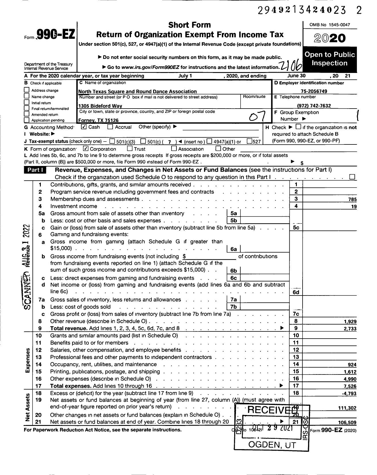 Image of first page of 2020 Form 990EO for North Texas Square Dance and Round Dance Association