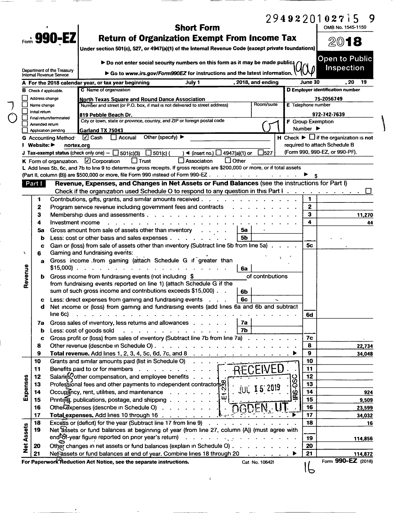 Image of first page of 2018 Form 990EO for North Texas Square Dance and Round Dance Association