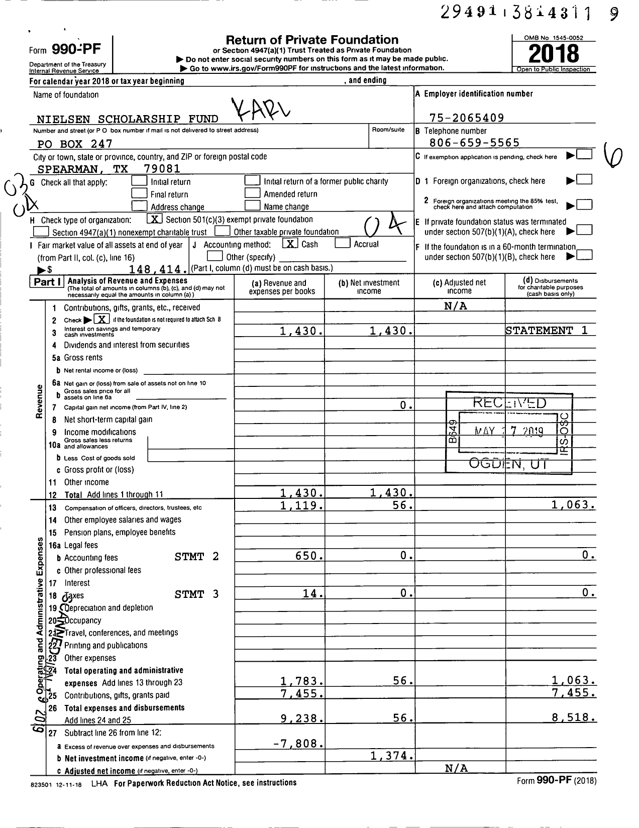 Image of first page of 2018 Form 990PF for Nielsen Scholarship Fund