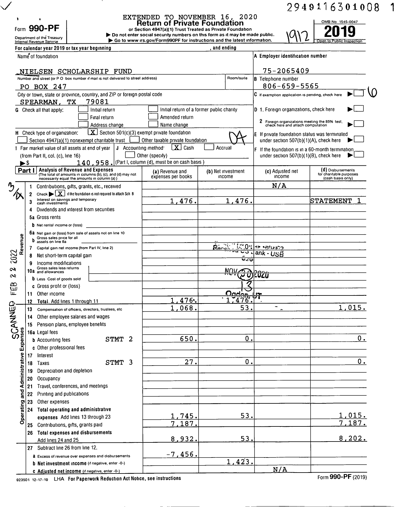 Image of first page of 2019 Form 990PF for Nielsen Scholarship Fund