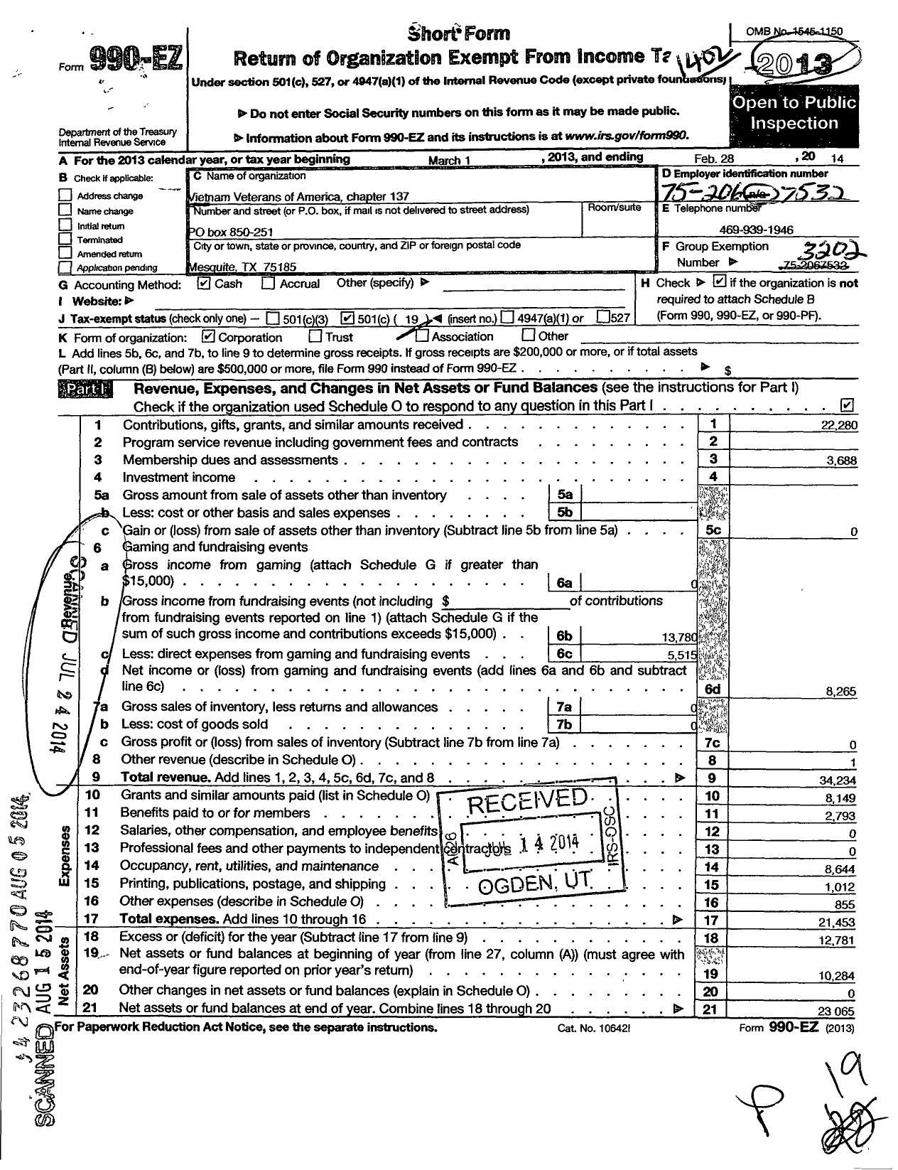 Image of first page of 2013 Form 990EO for Vietnam Veterans of America - 137 Vva Chapter