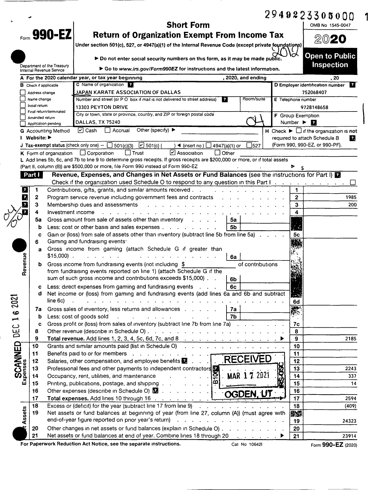 Image of first page of 2020 Form 990EO for Japan Karate Association of Dallas Jka Dallas