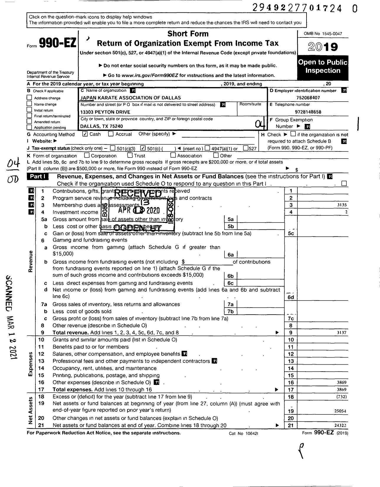 Image of first page of 2019 Form 990EO for Japan Karate Association of Dallas Jka Dallas