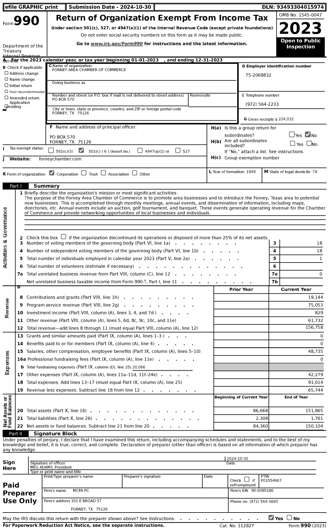 Image of first page of 2023 Form 990 for Forney Area Chamber of Commerce