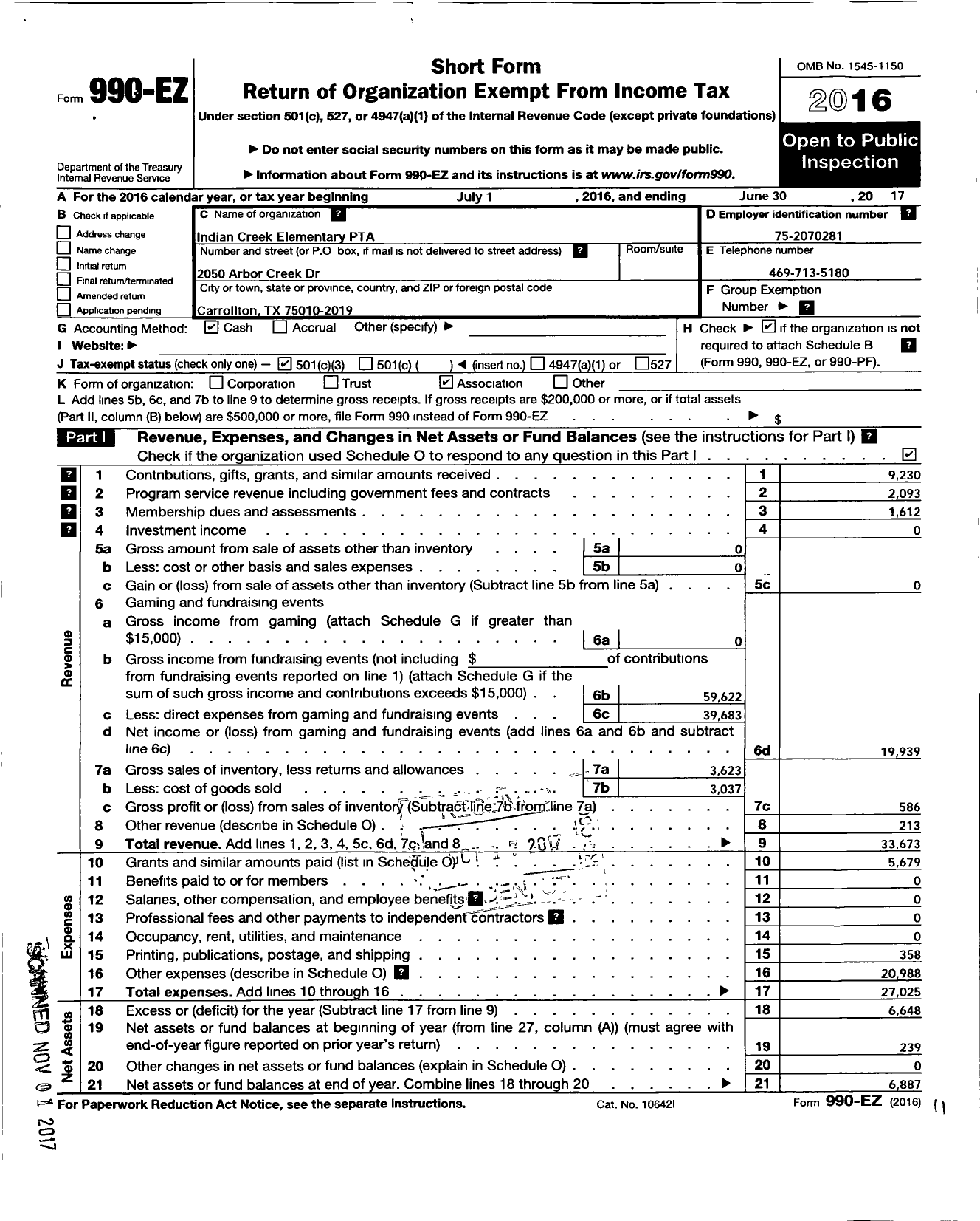 Image of first page of 2016 Form 990EZ for Texas PTA - 1445 Indian Creek Elementary