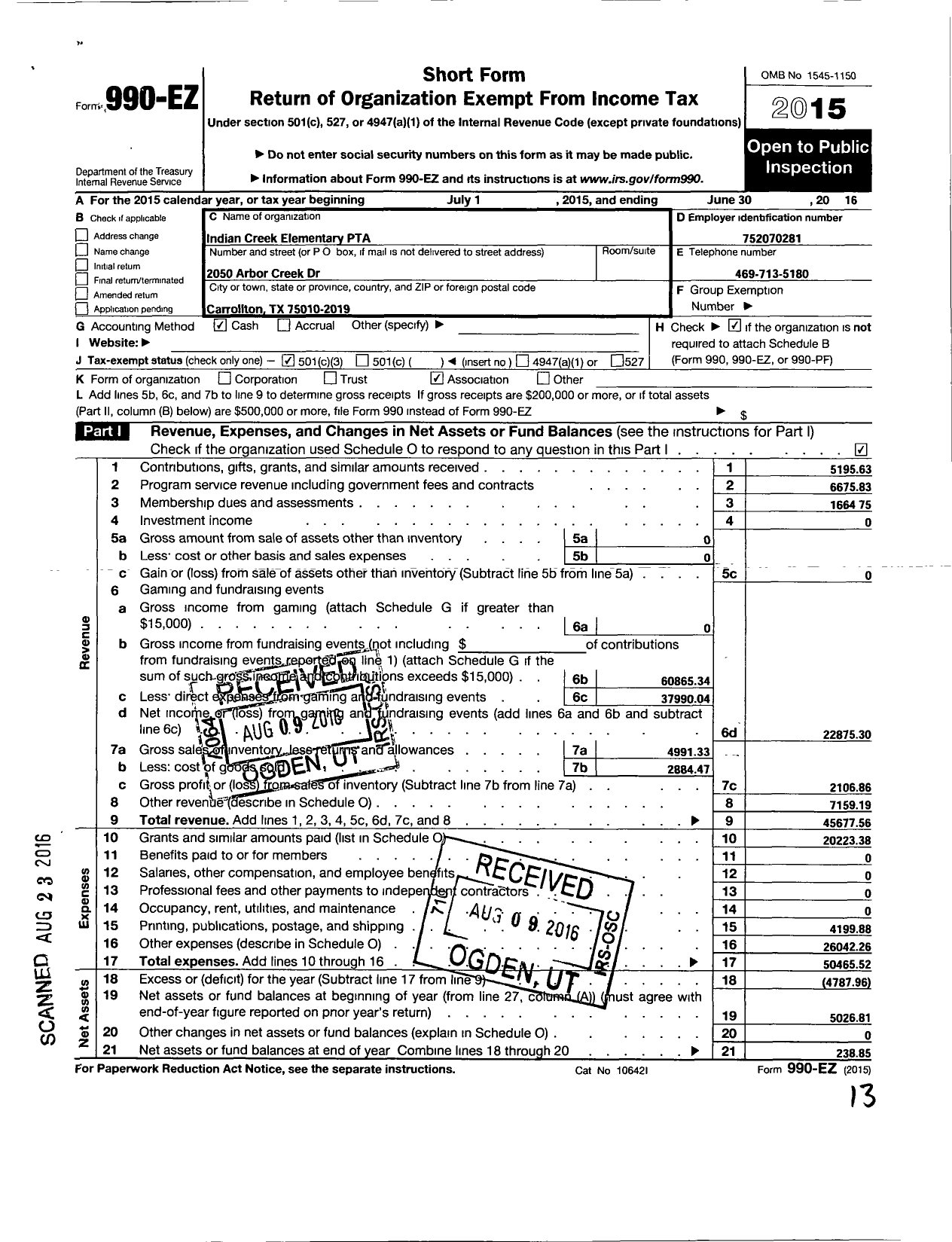 Image of first page of 2015 Form 990EZ for Texas PTA - 1445 Indian Creek Elementary