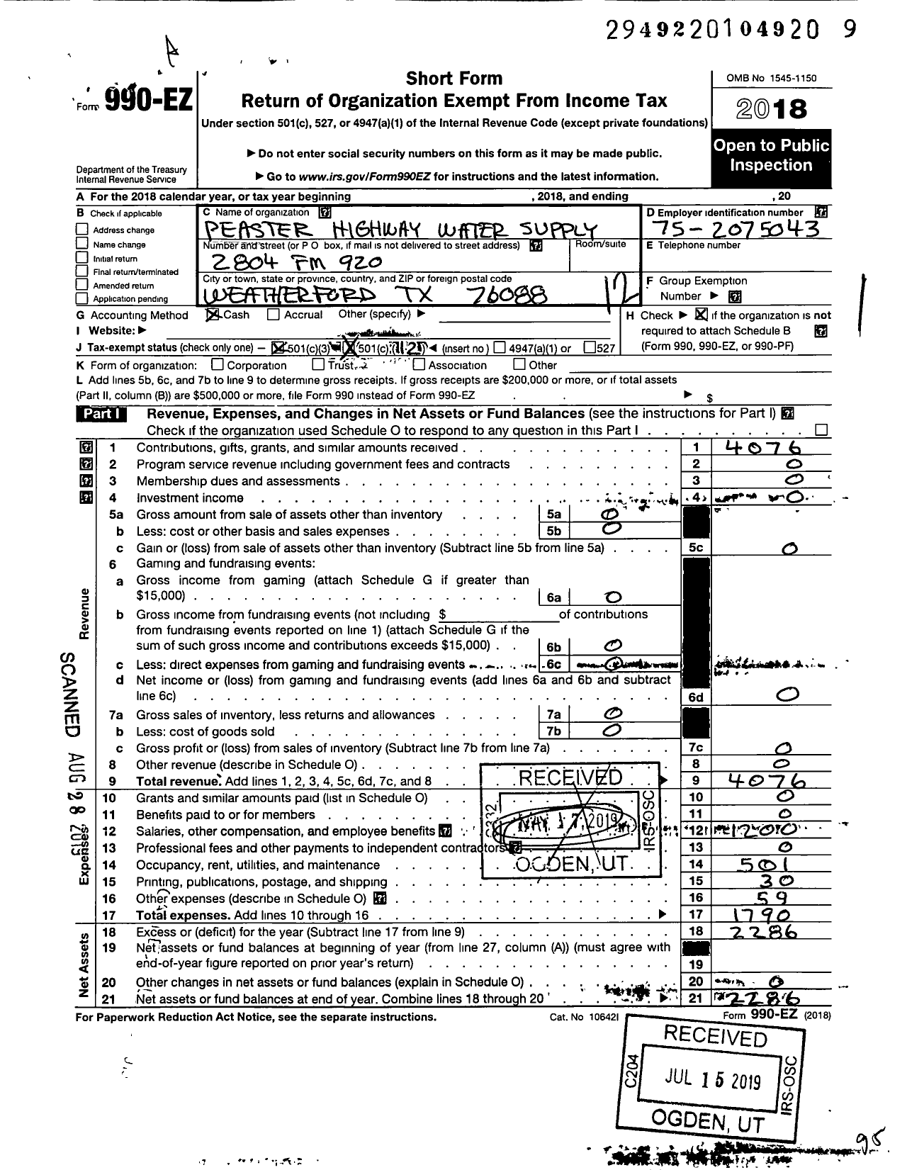 Image of first page of 2018 Form 990EO for Peaster Highway Water Supply