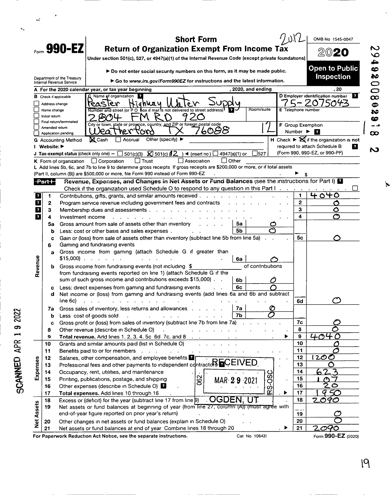 Image of first page of 2020 Form 990EO for Peaster Highway Water Supply