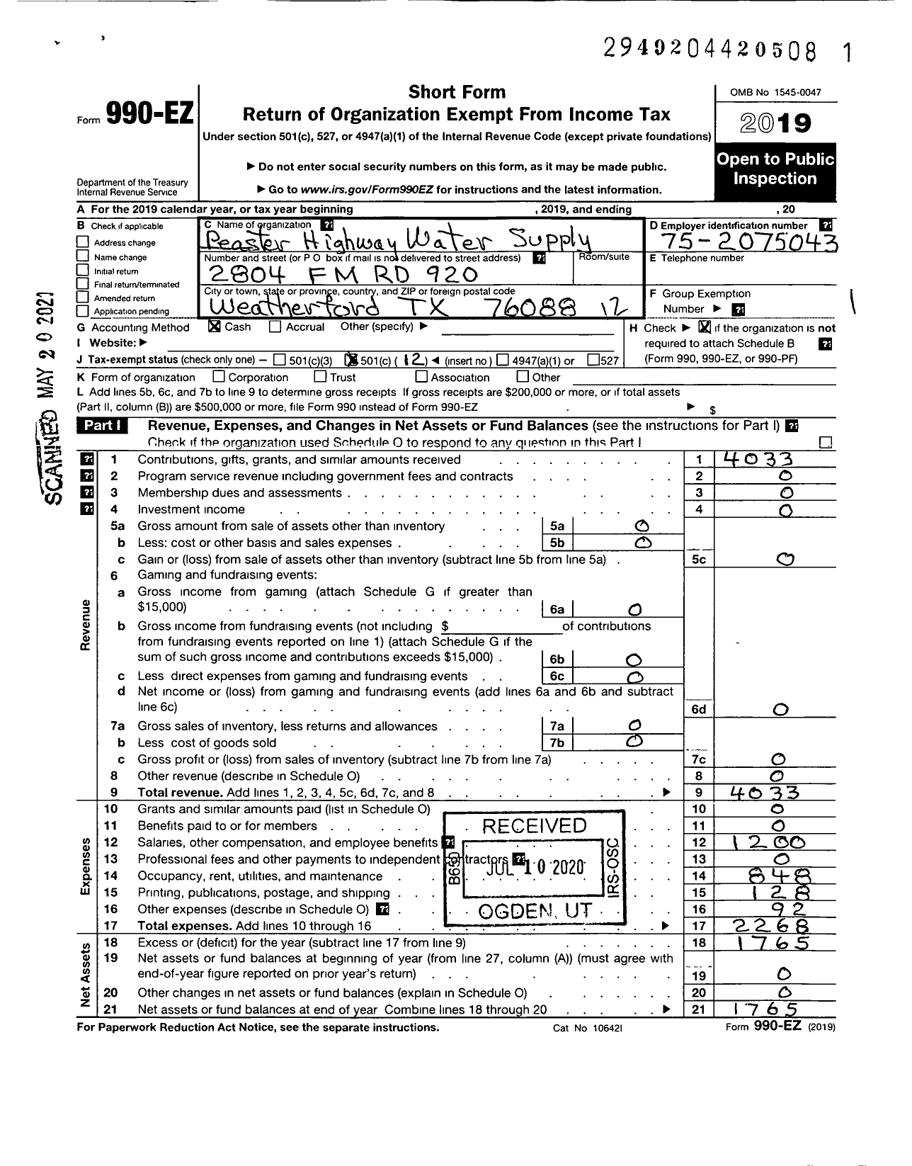 Image of first page of 2019 Form 990EO for Peaster Highway Water Supply