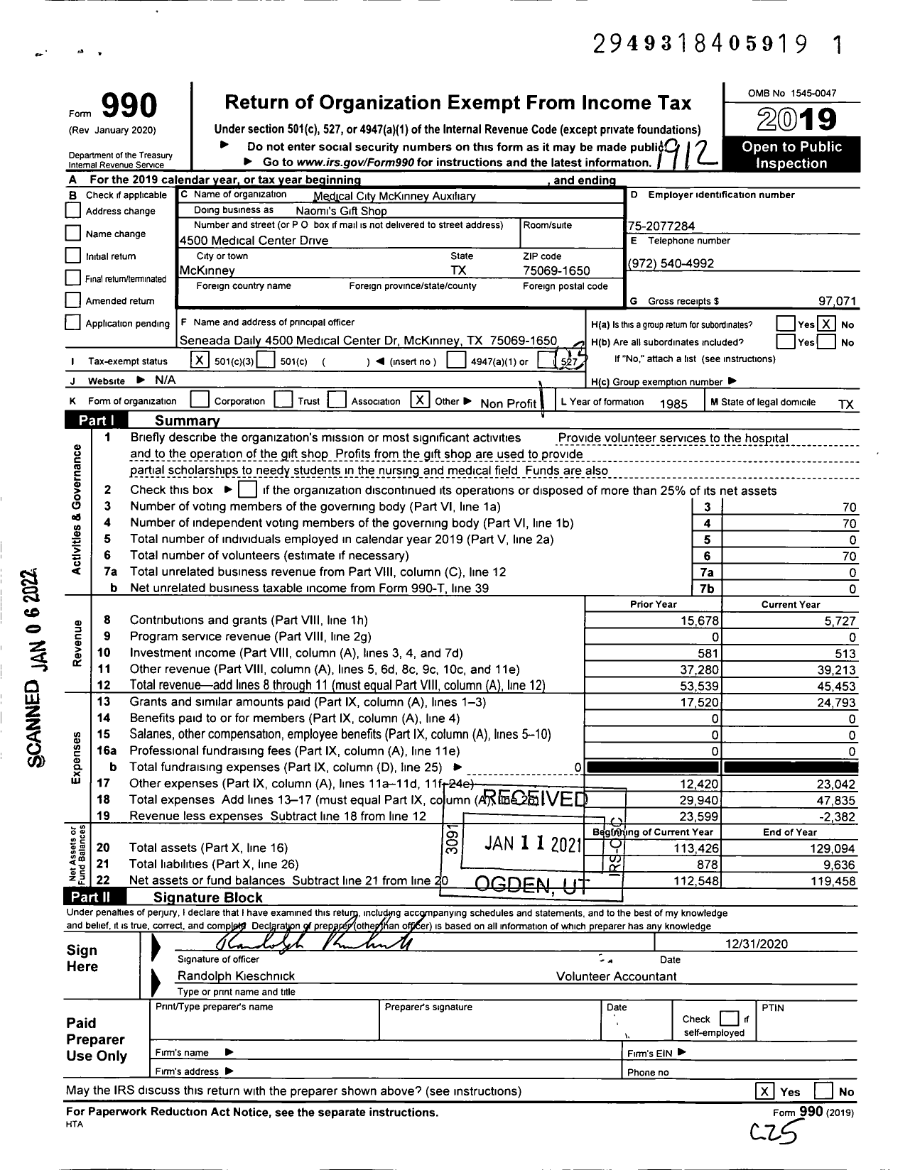 Image of first page of 2019 Form 990 for Medical City McKinney Auxiliary Naomis Gift Shop