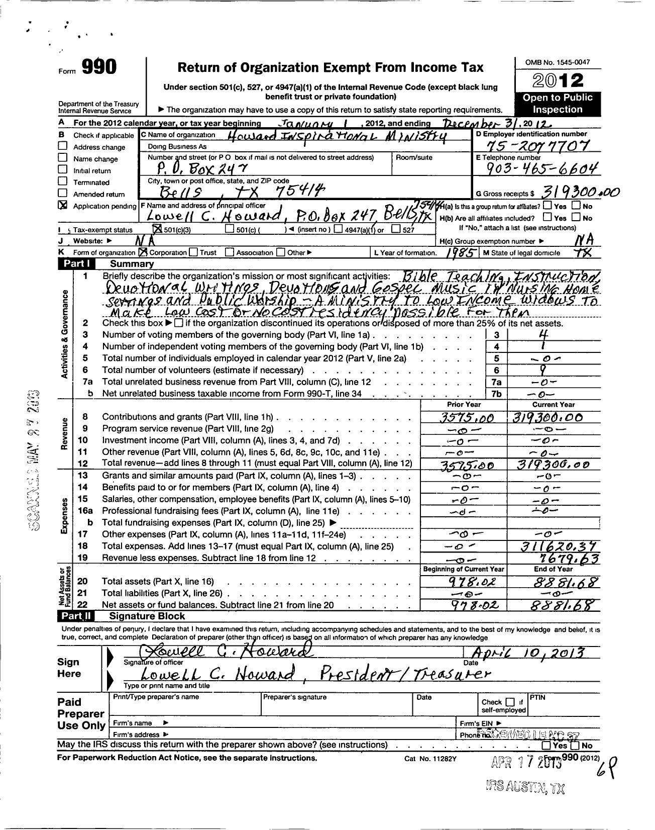 Image of first page of 2012 Form 990 for Howard Inspirational Ministry