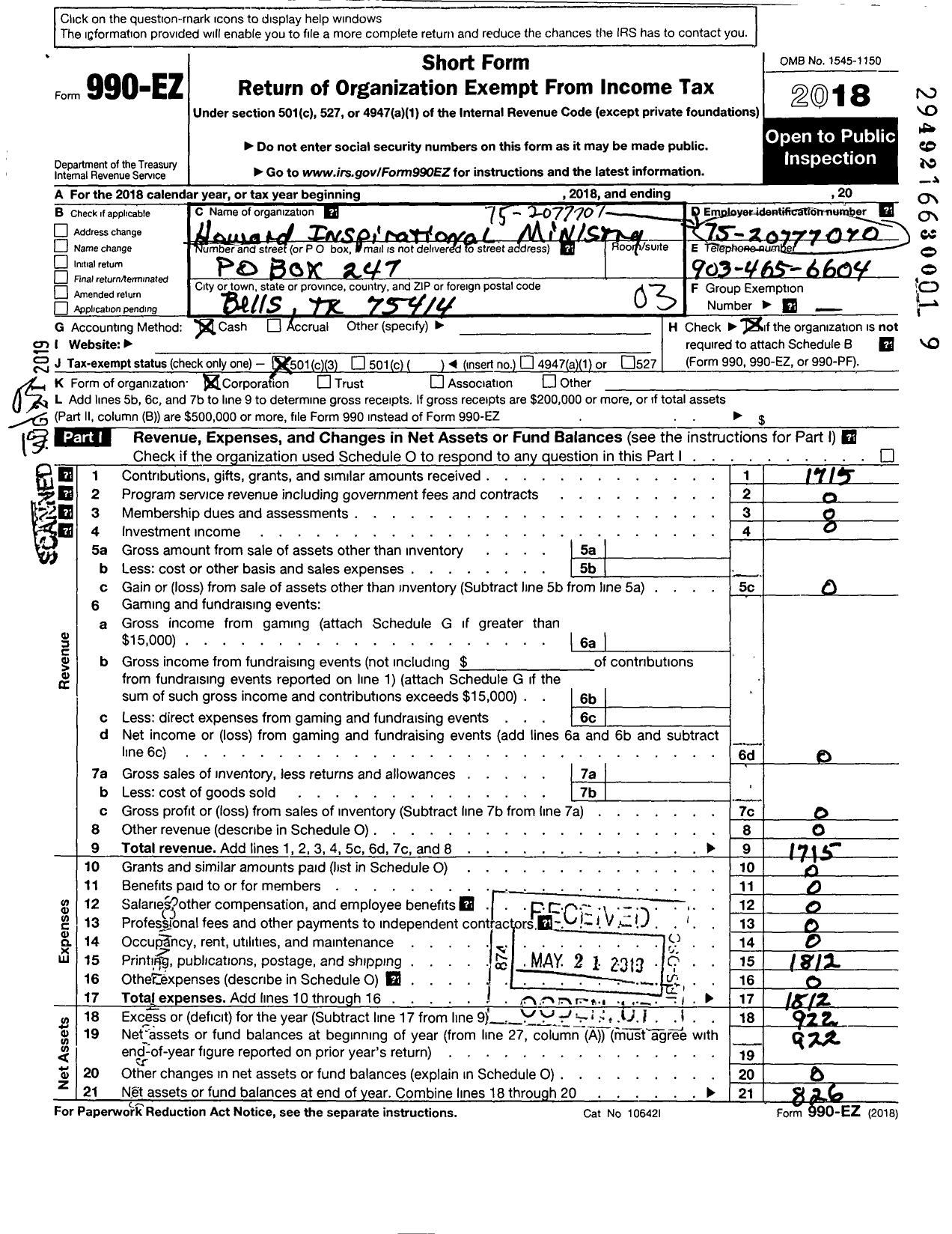 Image of first page of 2018 Form 990EZ for Howard Inspirational Ministry