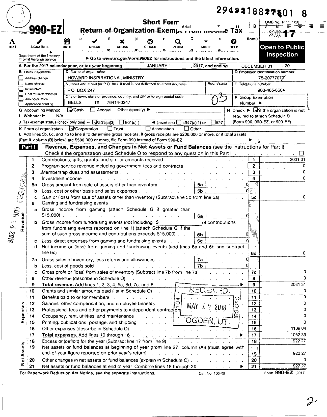 Image of first page of 2017 Form 990EZ for Howard Inspirational Ministry