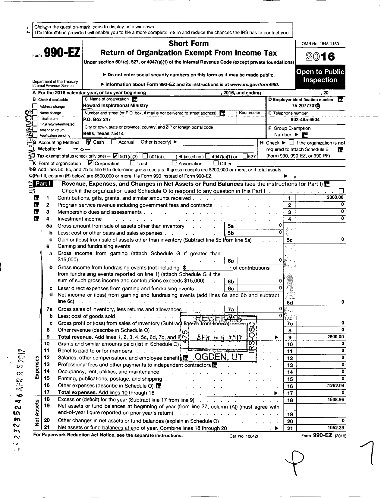 Image of first page of 2016 Form 990EZ for Howard Inspirational Ministry