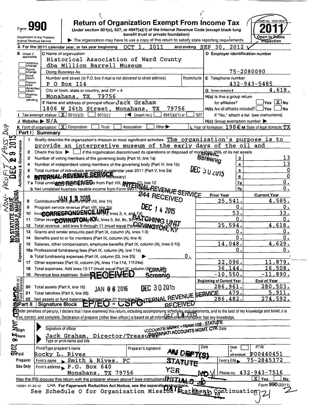 Image of first page of 2011 Form 990 for Million Barrell Museum