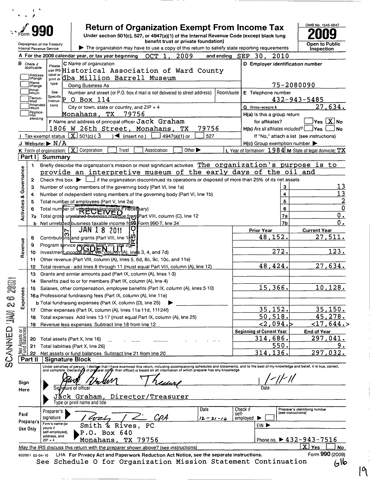 Image of first page of 2009 Form 990 for Million Barrell Museum