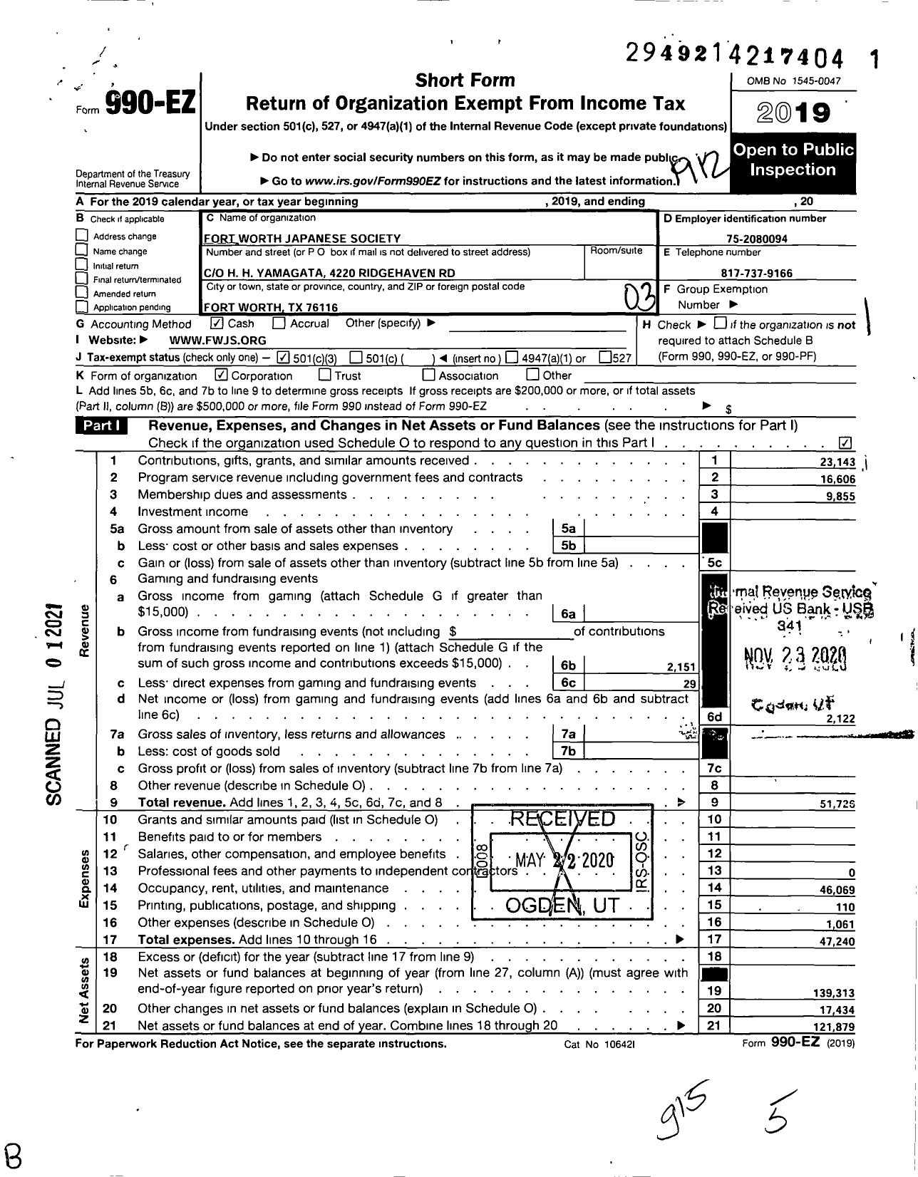 Image of first page of 2019 Form 990EZ for Fort Worth Japanese Society