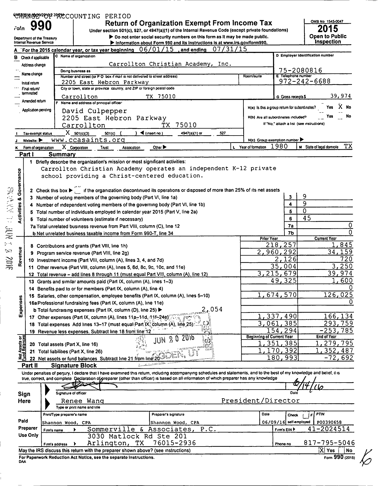 Image of first page of 2014 Form 990 for Carrollton Christian Academy