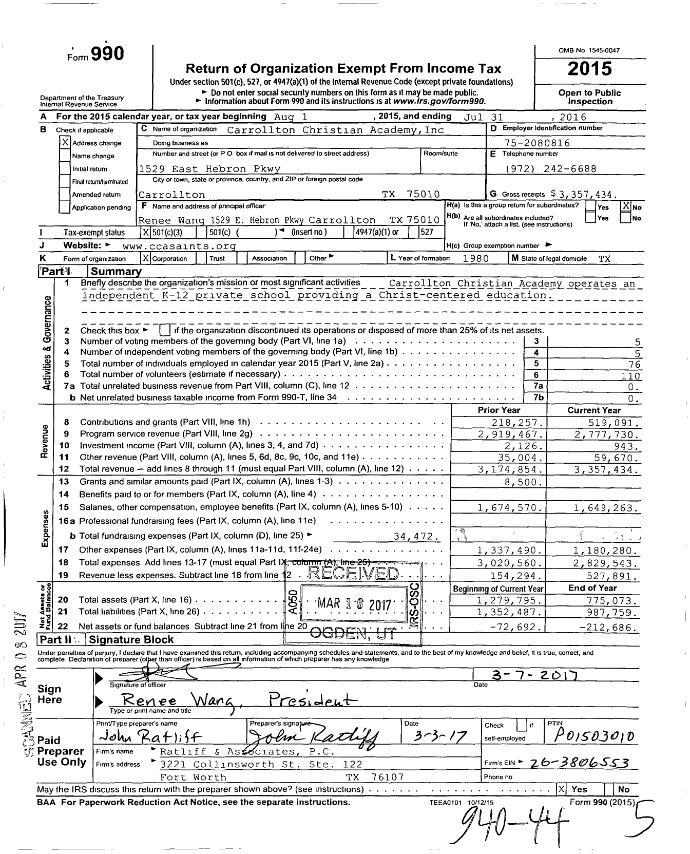 Image of first page of 2015 Form 990 for Carrollton Christian Academy